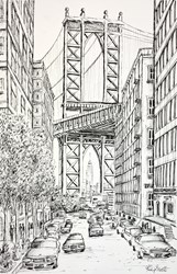 Manhattan Bridge, New York (sketch) by Phillip Bissell - Original Drawing on Mounted Paper sized 11x17 inches. Available from Whitewall Galleries